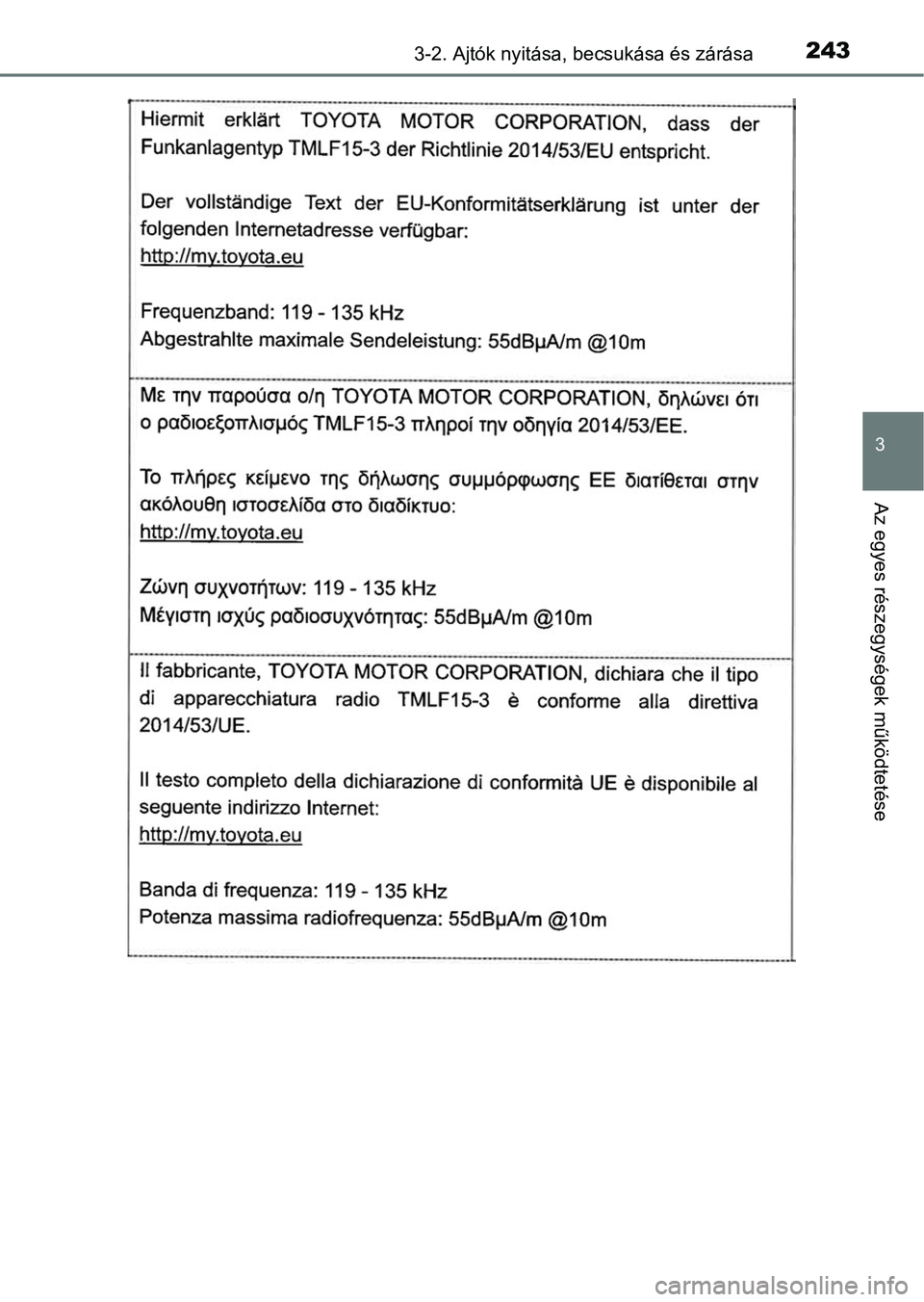TOYOTA C-HR 2019  Kezelési útmutató (in Hungarian) 2433-2. Ajtók nyitása, becsukása és zárása
3
Az egyes részegységek működtetése 