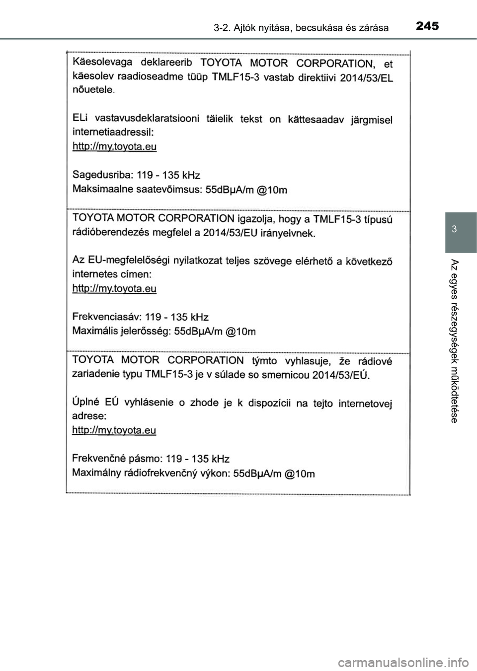 TOYOTA C-HR 2019  Kezelési útmutató (in Hungarian) 2453-2. Ajtók nyitása, becsukása és zárása
3
Az egyes részegységek működtetése 