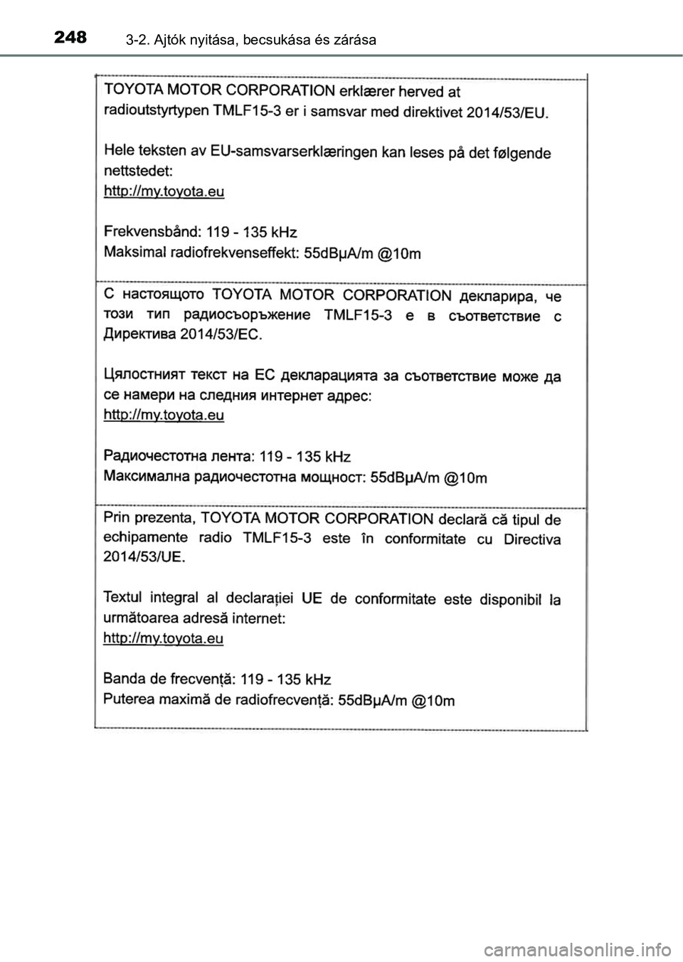 TOYOTA C-HR 2019  Kezelési útmutató (in Hungarian) 2483-2. Ajtók nyitása, becsukása és zárása 