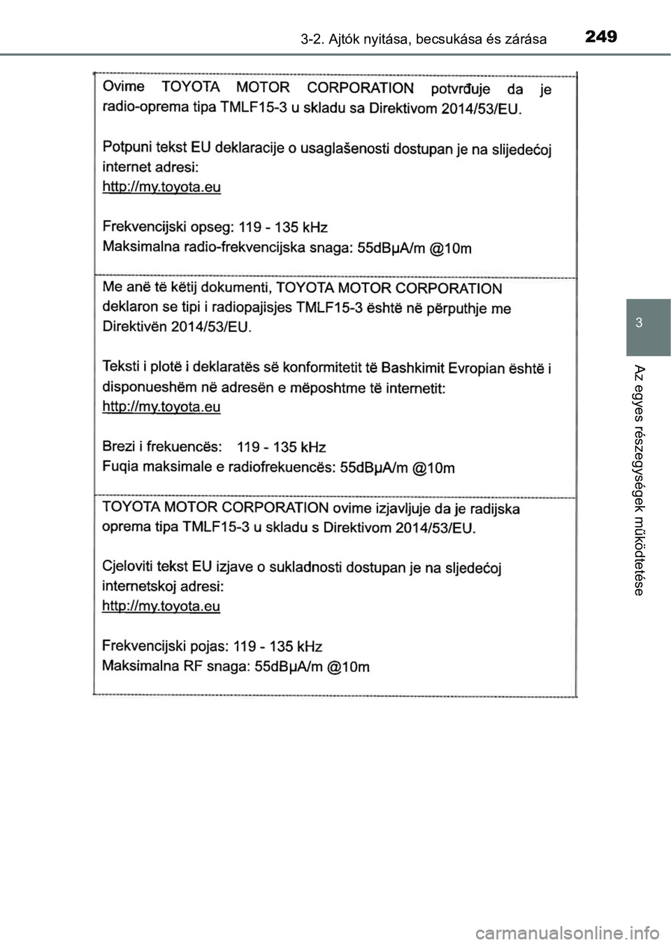 TOYOTA C-HR 2019  Kezelési útmutató (in Hungarian) 2493-2. Ajtók nyitása, becsukása és zárása
3
Az egyes részegységek működtetése 