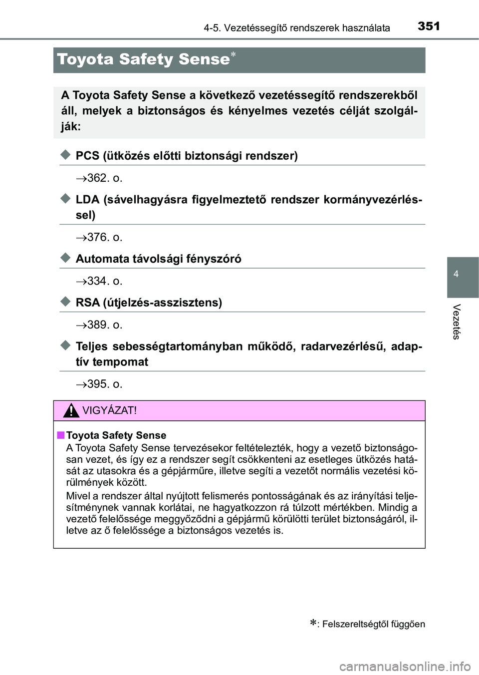 TOYOTA C-HR 2019 Kezelési útmutató (in Hungarian) 351
4
4-5. Vezetéssegítő rendszerek használata
Vezetés
Toyota Safety Sense
uPCS (ütközés előtti biztonsági rendszer)
362. o.
uLDA (sávelhagyásra figyelmeztető rendszer kormányv TOYOTA C-HR 2019 Kezelési útmutató (in Hungarian) 351
4
4-5. Vezetéssegítő rendszerek használata
Vezetés
Toyota Safety Sense
uPCS (ütközés előtti biztonsági rendszer)
362. o.
uLDA (sávelhagyásra figyelmeztető rendszer kormányv