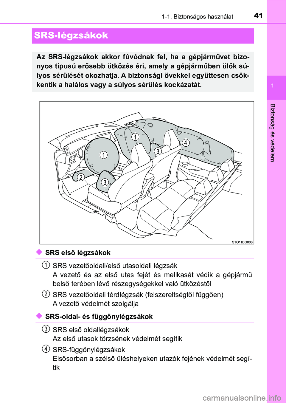 TOYOTA C-HR 2019 Kezelési útmutató (in Hungarian) 411-1. Biztonságos használat
1
Biztonság és védelem
SRS-légzsákok
uSRS első légzsákokSRS vezetőoldali/első utasoldali légzsák
A vezető és az első utas fejét és mellkasát v TOYOTA C-HR 2019 Kezelési útmutató (in Hungarian) 411-1. Biztonságos használat
1
Biztonság és védelem
SRS-légzsákok
uSRS első légzsákokSRS vezetőoldali/első utasoldali légzsák
A vezető és az első utas fejét és mellkasát v