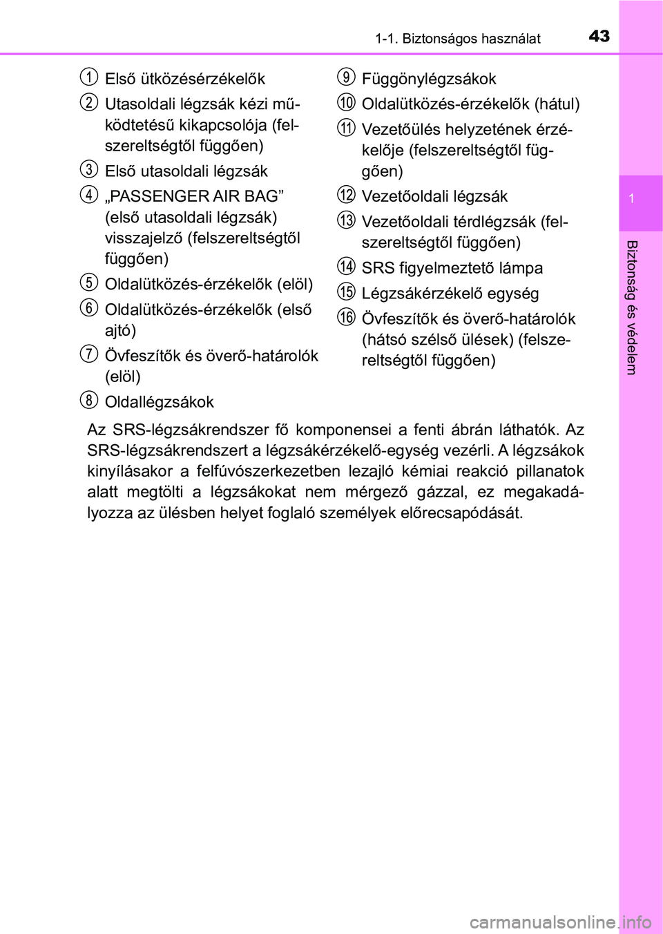 TOYOTA C-HR 2019 Kezelési útmutató (in Hungarian) 431-1. Biztonságos használat
1
Biztonság és védelem
Az SRS-légzsákrendszer fő komponensei a fenti ábrán láthatók. Az
SRS-légzsákrendszert a légzsákérz ékelő-egység vezérli TOYOTA C-HR 2019 Kezelési útmutató (in Hungarian) 431-1. Biztonságos használat
1
Biztonság és védelem
Az SRS-légzsákrendszer fő komponensei a fenti ábrán láthatók. Az
SRS-légzsákrendszert a légzsákérz ékelő-egység vezérli