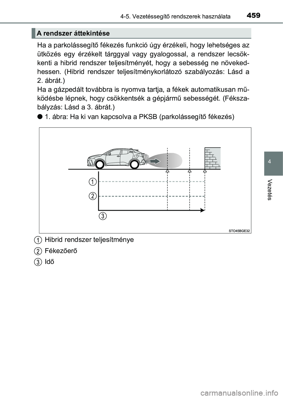 TOYOTA C-HR 2019 Kezelési útmutató (in Hungarian) 4594-5. Vezetéssegítő rendszerek használata
4
Vezetés
Ha a parkolássegítő fékezés funkció úgy érzékeli, hogy lehetséges az
ütközés egy érzékelt tárggyal vagy gyalogossal, a TOYOTA C-HR 2019 Kezelési útmutató (in Hungarian) 4594-5. Vezetéssegítő rendszerek használata
4
Vezetés
Ha a parkolássegítő fékezés funkció úgy érzékeli, hogy lehetséges az
ütközés egy érzékelt tárggyal vagy gyalogossal, a
