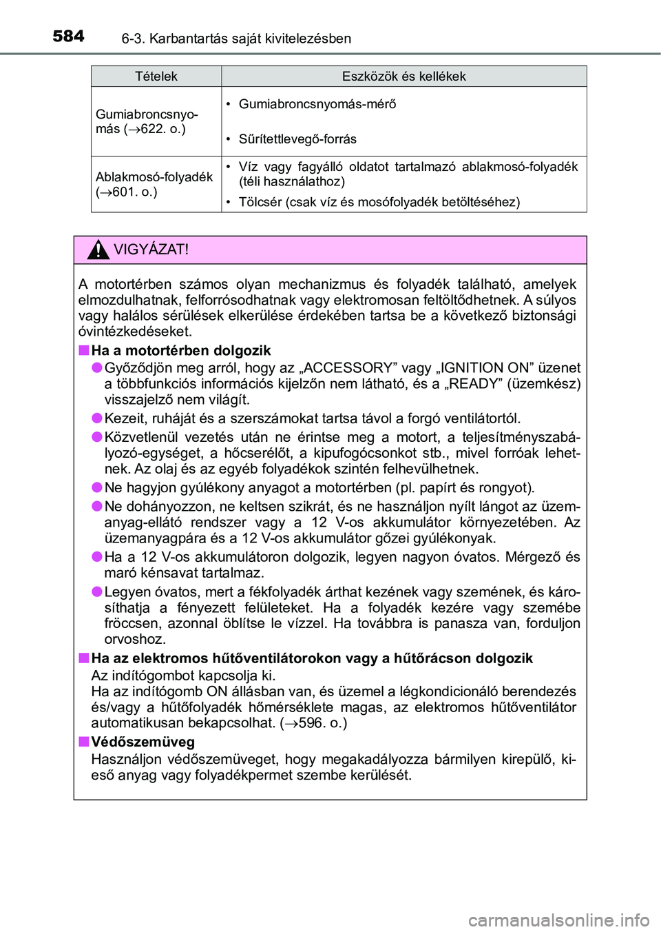 TOYOTA C-HR 2019 Kezelési útmutató (in Hungarian) 5846-3. Karbantartás saját kivitelezésben
Gumiabroncsnyo-
más (622. o.)• Gumiabroncsnyomás-mérő
• Sűrítettlevegő-forrás
Ablakmosó-folyadék
( 601. o.)• Víz vagy fagyálló TOYOTA C-HR 2019 Kezelési útmutató (in Hungarian) 5846-3. Karbantartás saját kivitelezésben
Gumiabroncsnyo-
más (622. o.)• Gumiabroncsnyomás-mérő
• Sűrítettlevegő-forrás
Ablakmosó-folyadék
( 601. o.)• Víz vagy fagyálló