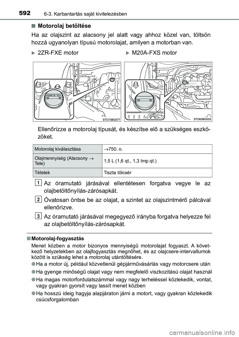 TOYOTA C-HR 2019 Kezelési útmutató (in Hungarian) 5926-3. Karbantartás saját kivitelezésben
nMotorolaj betöltése
Ha az olajszint az alacsony jel alatt vagy ahhoz közel van, töl tsön
hozzá ugyanolyan típu sú motorolajat, amilyen TOYOTA C-HR 2019 Kezelési útmutató (in Hungarian) 5926-3. Karbantartás saját kivitelezésben
nMotorolaj betöltése
Ha az olajszint az alacsony jel alatt vagy ahhoz közel van, töl tsön
hozzá ugyanolyan típu sú motorolajat, amilyen