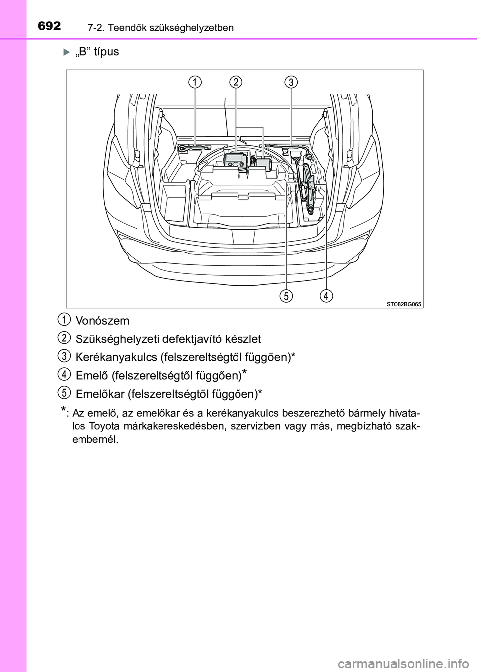 TOYOTA C-HR 2019  Kezelési útmutató (in Hungarian) 6927-2. Teendők szükséghelyzetben
„B” típus
Vonószem
Szükséghelyzeti defektjavító készlet
Kerékanyakulcs (felszereltségtől függően)*
Emelő (felszereltségtől függően)
*
Emel