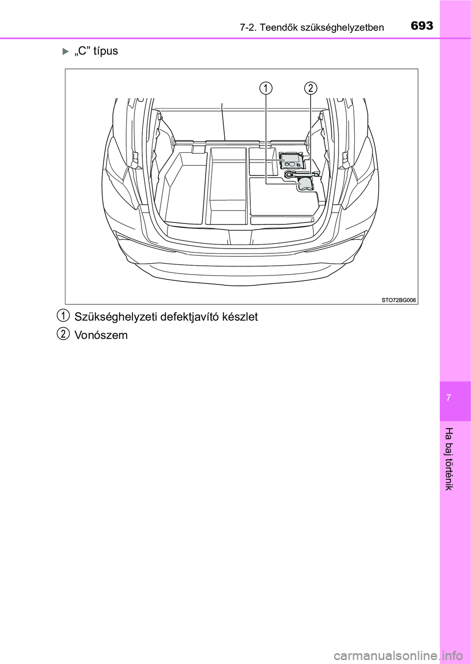 TOYOTA C-HR 2019  Kezelési útmutató (in Hungarian) 6937-2. Teendők szükséghelyzetben
7
Ha baj történik
„C” típus
Szükséghelyzeti defektjavító készlet
Vonószem 