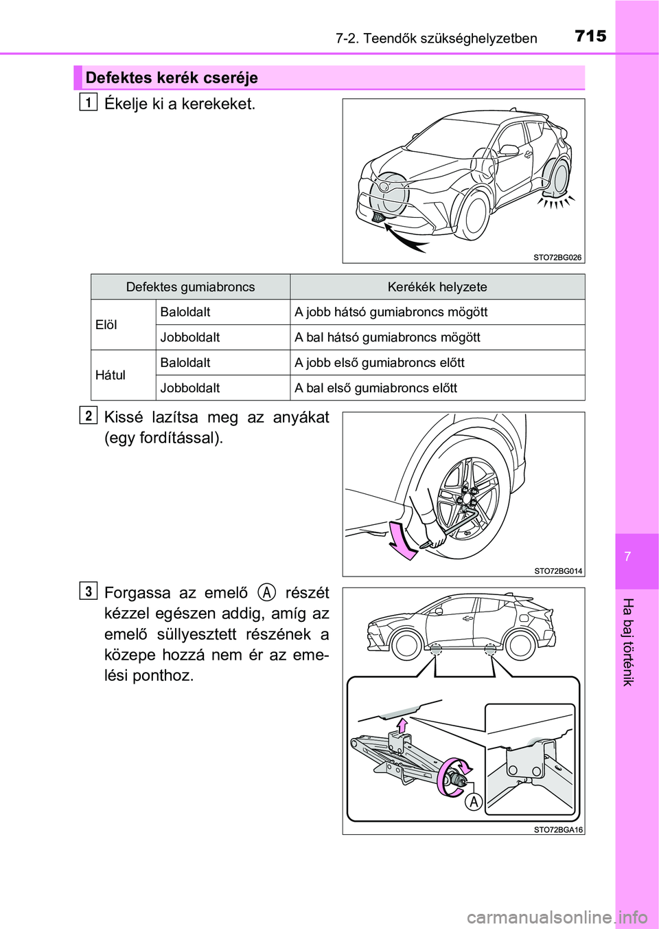 TOYOTA C-HR 2019  Kezelési útmutató (in Hungarian) 7157-2. Teendők szükséghelyzetben
7
Ha baj történik
Ékelje ki a kerekeket.
Kissé  lazítsa  meg  az  anyákat
(egy fordítással).
Forgassa  az  emelő    részét
kézzel  egészen  addig,  am