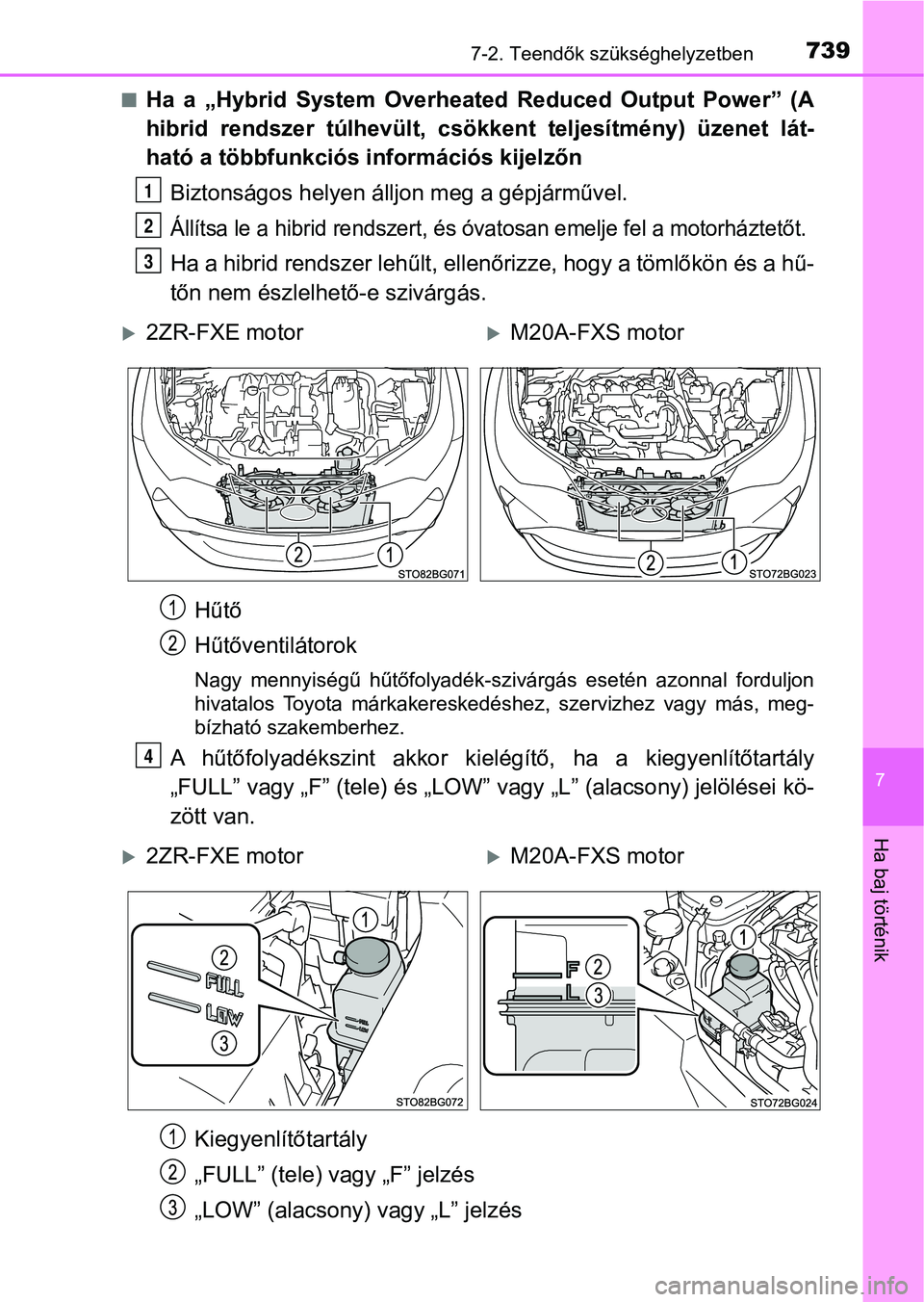 TOYOTA C-HR 2019  Kezelési útmutató (in Hungarian) 7397-2. Teendők szükséghelyzetben
7
Ha baj történik
nHa  a  „Hybrid  System  Overheated  Reduced  Output  Power”  (A
hibrid  rendszer  túlhevült,  csökkent  teljesítmény)  üzenet  lát-