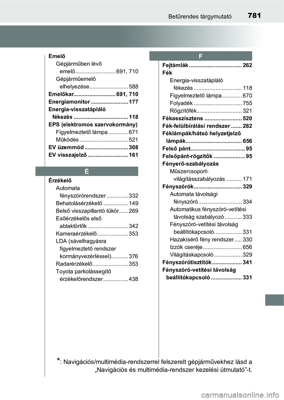 TOYOTA C-HR 2019  Kezelési útmutató (in Hungarian) 781Betűrendes tárgymutató
EmelőGépjárműben lévő emelő .......................... 691, 710
Gépjárműemelő 
elhelyezése......................... 588
Emelőkar........................... 69