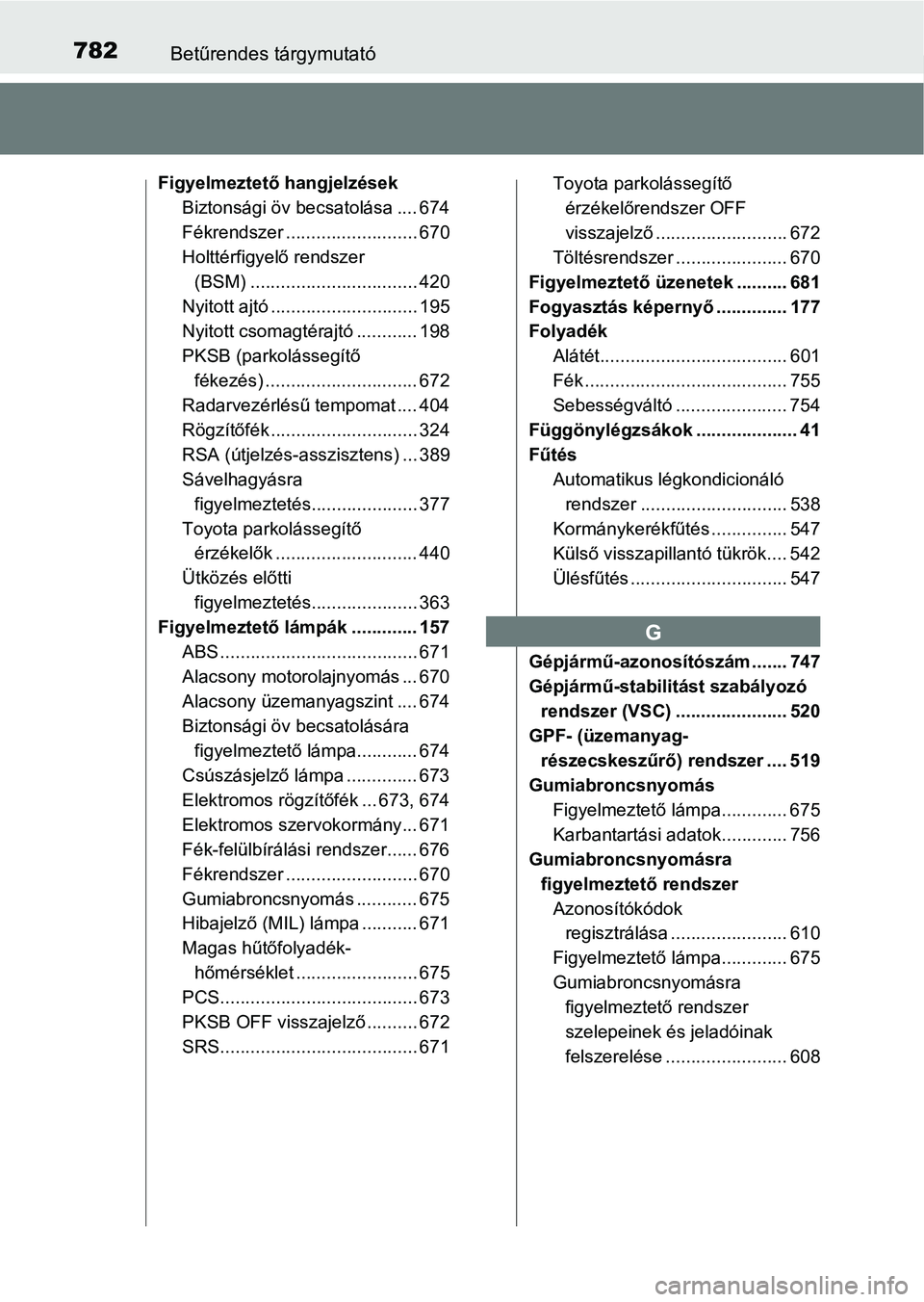 TOYOTA C-HR 2019  Kezelési útmutató (in Hungarian) 782Betűrendes tárgymutató
Figyelmeztető hangjelzésekBiztonsági öv becsatolása .... 674
Fékrendszer .......................... 670
Holttérfigyelő rendszer (BSM) .............................