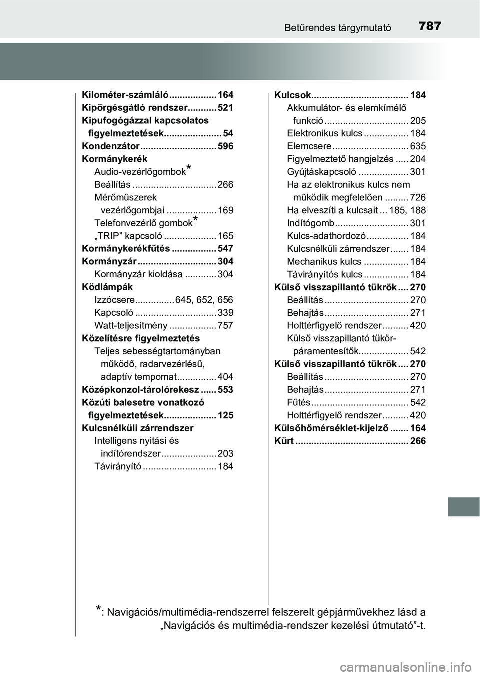 TOYOTA C-HR 2019  Kezelési útmutató (in Hungarian) 787Betűrendes tárgymutató
Kilométer-számláló .................. 164
Kipörgésgátló rendszer........... 521
Kipufogógázzal kapcsolatos figyelmeztetések...................... 54
Kondenzáto