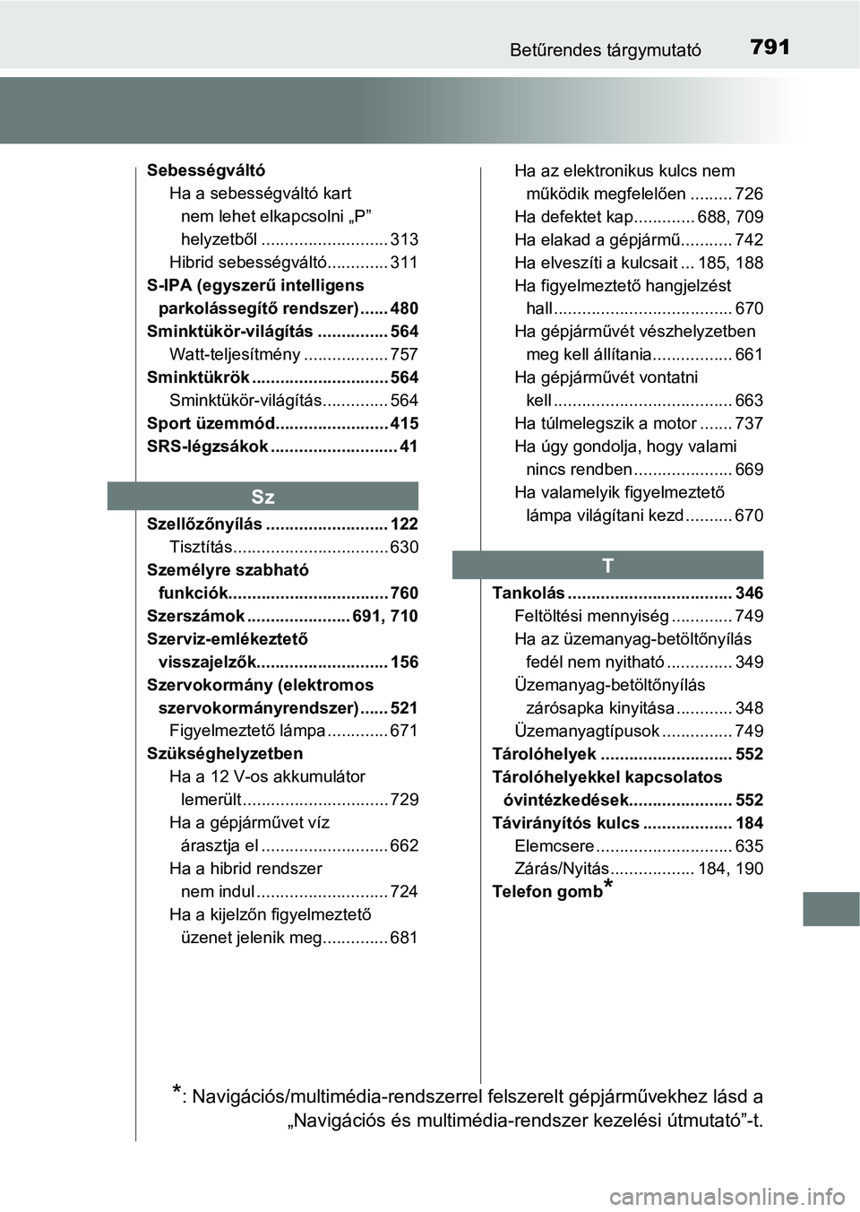 TOYOTA C-HR 2019  Kezelési útmutató (in Hungarian) 791Betűrendes tárgymutató
SebességváltóHa a sebességváltó kart nem lehet elkapcsolni „P” 
helyzetből ........................... 313
Hibrid sebességváltó............. 311
S-IPA (egysz