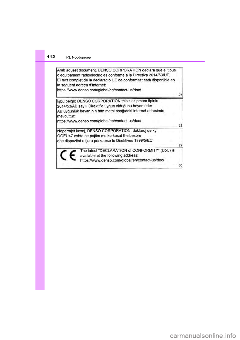 TOYOTA C-HR 2019  Instructieboekje (in Dutch) 1121-3. Noodoproep
C-HR_HV_OM_Europe_OM10647E
C-HR_HV_OM_Europe_OM10647E.book  Page 112  Tuesday, July 30, 2019  9:59 AM 