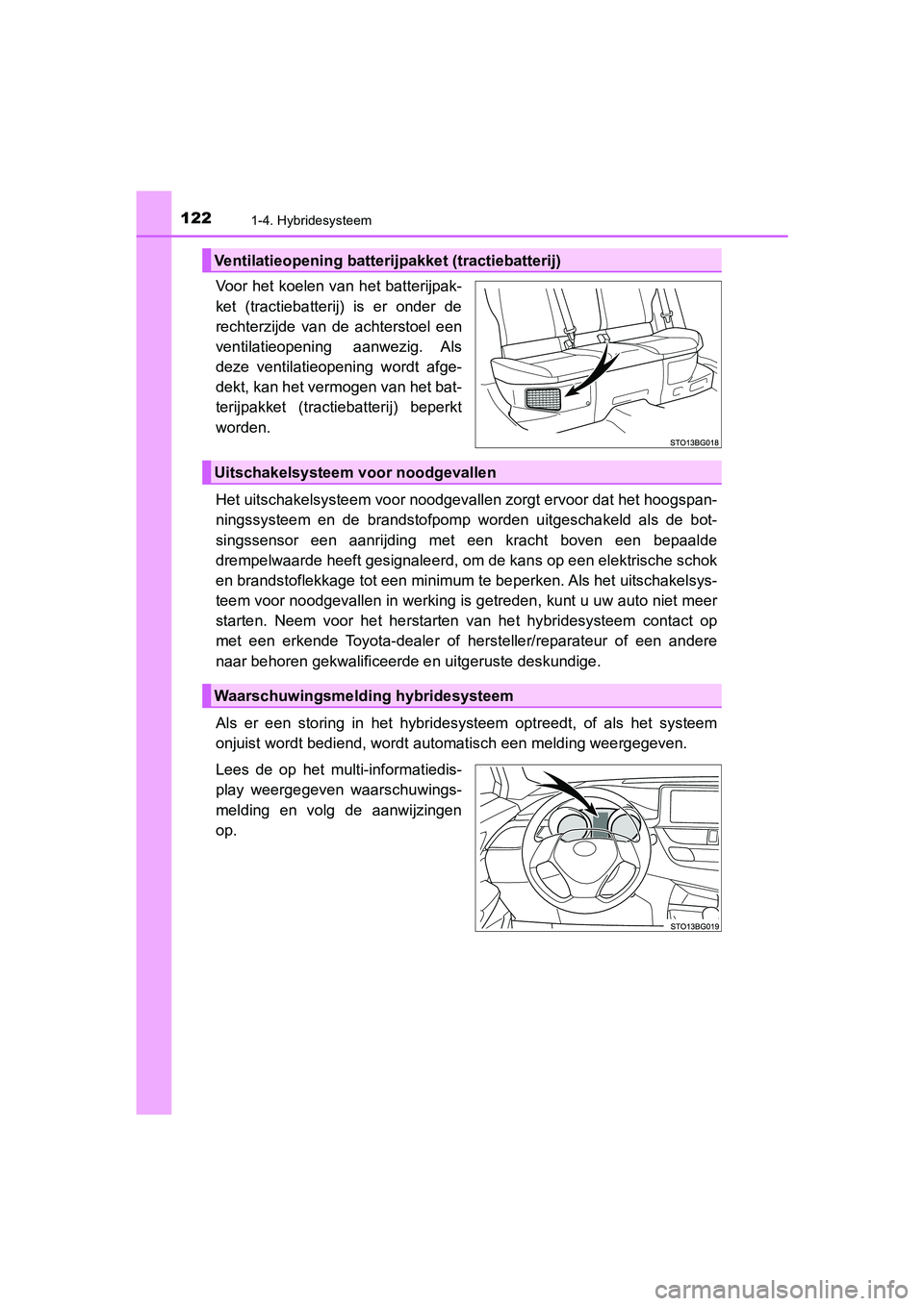 TOYOTA C-HR 2019 Instructieboekje (in Dutch) 1221-4. Hybridesysteem
C-HR_HV_OM_Europe_OM10647E
Voor het koelen van het batterijpak-
ket (tractiebatterij) is er onder de
rechterzijde van de achterstoel een
ventilatieopening aanwezig. A TOYOTA C-HR 2019 Instructieboekje (in Dutch) 1221-4. Hybridesysteem
C-HR_HV_OM_Europe_OM10647E
Voor het koelen van het batterijpak-
ket (tractiebatterij) is er onder de
rechterzijde van de achterstoel een
ventilatieopening aanwezig. A