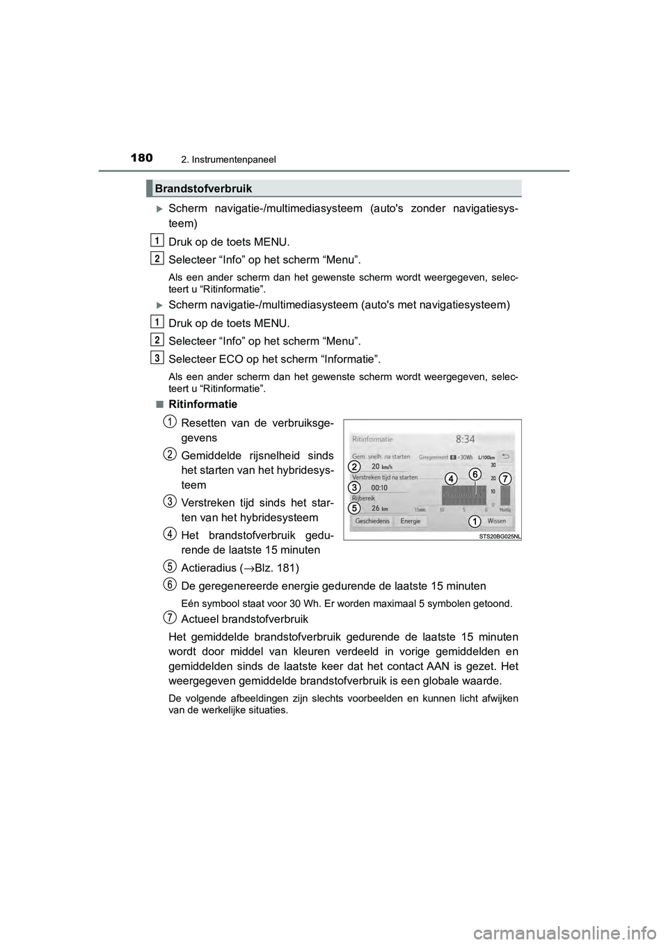 TOYOTA C-HR 2019  Instructieboekje (in Dutch) 1802. Instrumentenpaneel
C-HR_HV_OM_Europe_OM10647E
Scherm  navigatie-/multimediasysteem  (auto's  zonder  navigatiesys -
teem)
Druk op de toets MENU.
Selecteer “Info” op het scherm “Menu