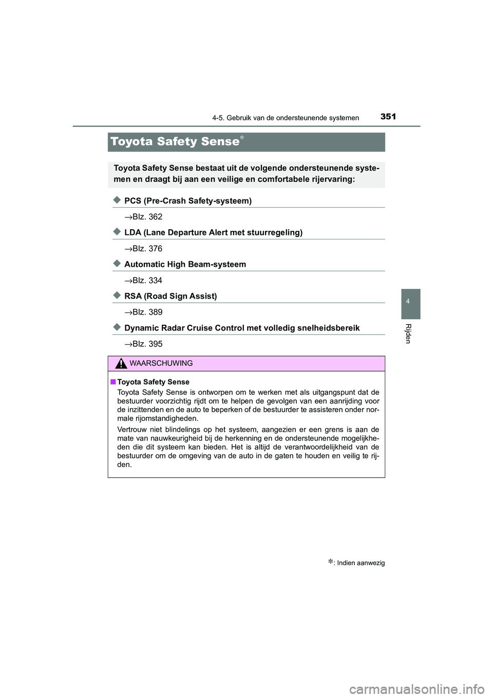 TOYOTA C-HR 2019  Instructieboekje (in Dutch) 351
4
4-5. Gebruik van de ondersteunende systemen
Rijden
C-HR_HV_OM_Europe_OM10647E
Toyota Safety Sense∗
◆PCS (Pre-Crash Safety-systeem)
→Blz. 362
◆LDA (Lane Departure Alert met stuurregeling)
