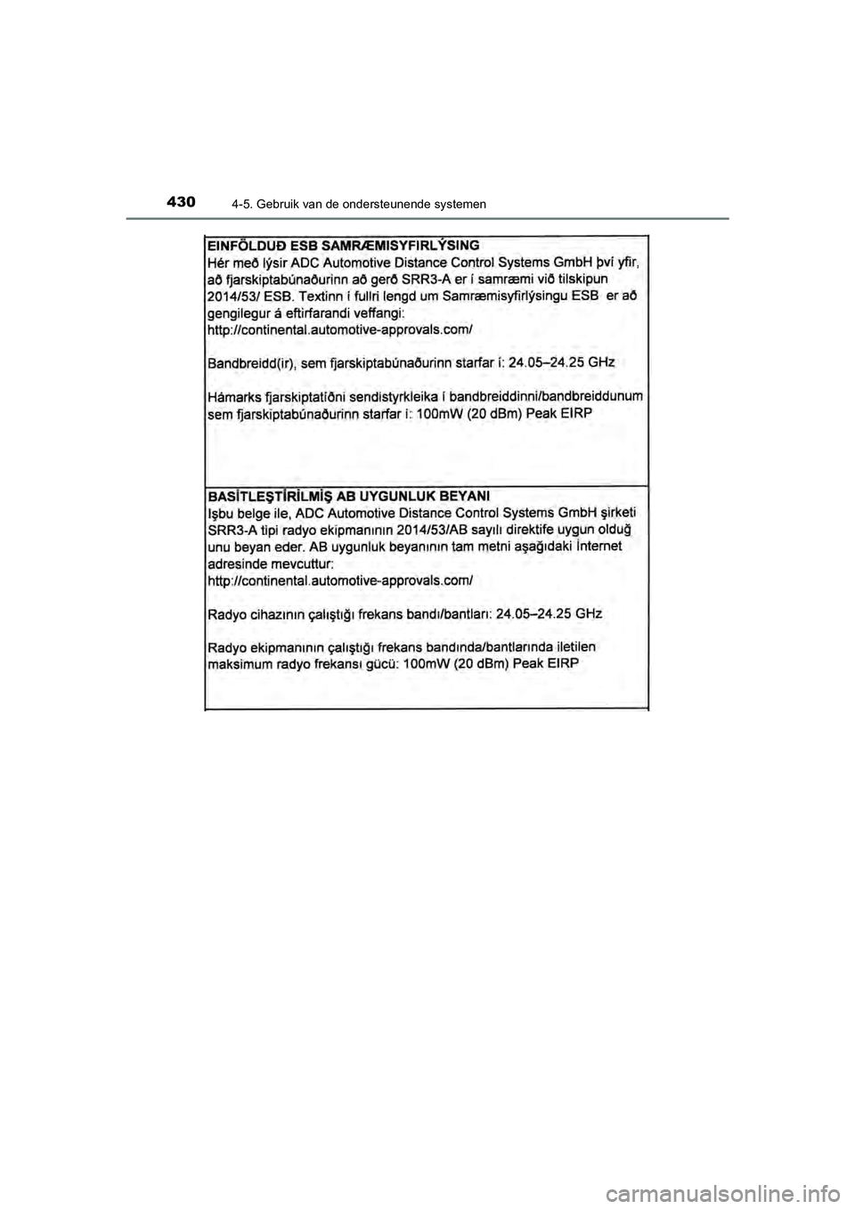 TOYOTA C-HR 2019  Instructieboekje (in Dutch) 4304-5. Gebruik van de ondersteunende systemen
C-HR_HV_OM_Europe_OM10647E
C-HR_HV_OM_Europe_OM10647E.book  Page 430  Tuesday, July 30, 2019  9:59 AM 