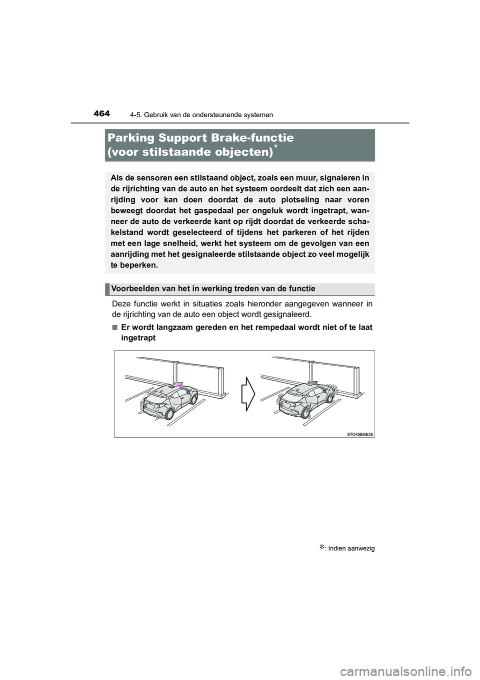 TOYOTA C-HR 2019  Instructieboekje (in Dutch) 4644-5. Gebruik van de ondersteunende systemen
C-HR_HV_OM_Europe_OM10647E
Parking Suppor t Brake-functie 
(voor stilstaande objecten)
*
Deze  functie  werkt  in  situaties  zoals  hieronder  aangegeve