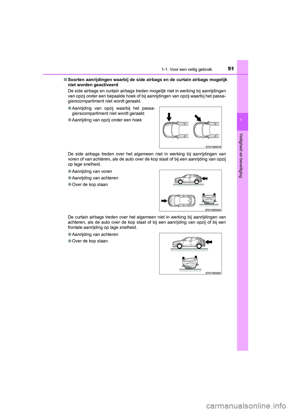 TOYOTA C-HR 2019  Instructieboekje (in Dutch) 511-1. Voor een veilig gebruik
1
Veiligheid en beveiliging
C-HR_HV_OM_Europe_OM10647E■
Soorten aanrijdingen waarbij de side airbags en de curtain airb ags mogelijk
niet worden geactiveerd
De side ai