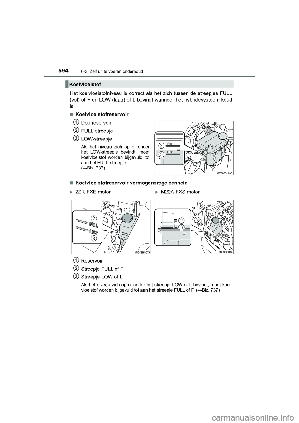 TOYOTA C-HR 2019  Instructieboekje (in Dutch) 5946-3. Zelf uit te voeren onderhoud
C-HR_HV_OM_Europe_OM10647E
Het  koelvloeistofniveau  is  correct  als  het  zich  tussen  de  streepjes  FULL
(vol)  of  F  en  LOW  (laag)  of  L  bev indt  wanne