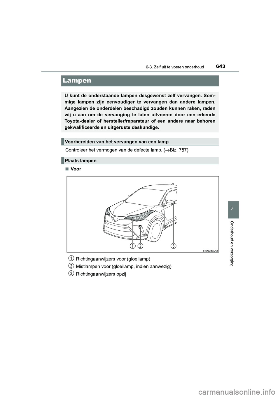 TOYOTA C-HR 2019  Instructieboekje (in Dutch) 6436-3. Zelf uit te voeren onderhoud
C-HR_HV_OM_Europe_OM10647E
6
Onderhoud en verzorging
Lampen
Controleer het vermogen van de defecte lamp. (→Blz. 757)
■Voor
U  kunt  de  onderstaande  lampen  d