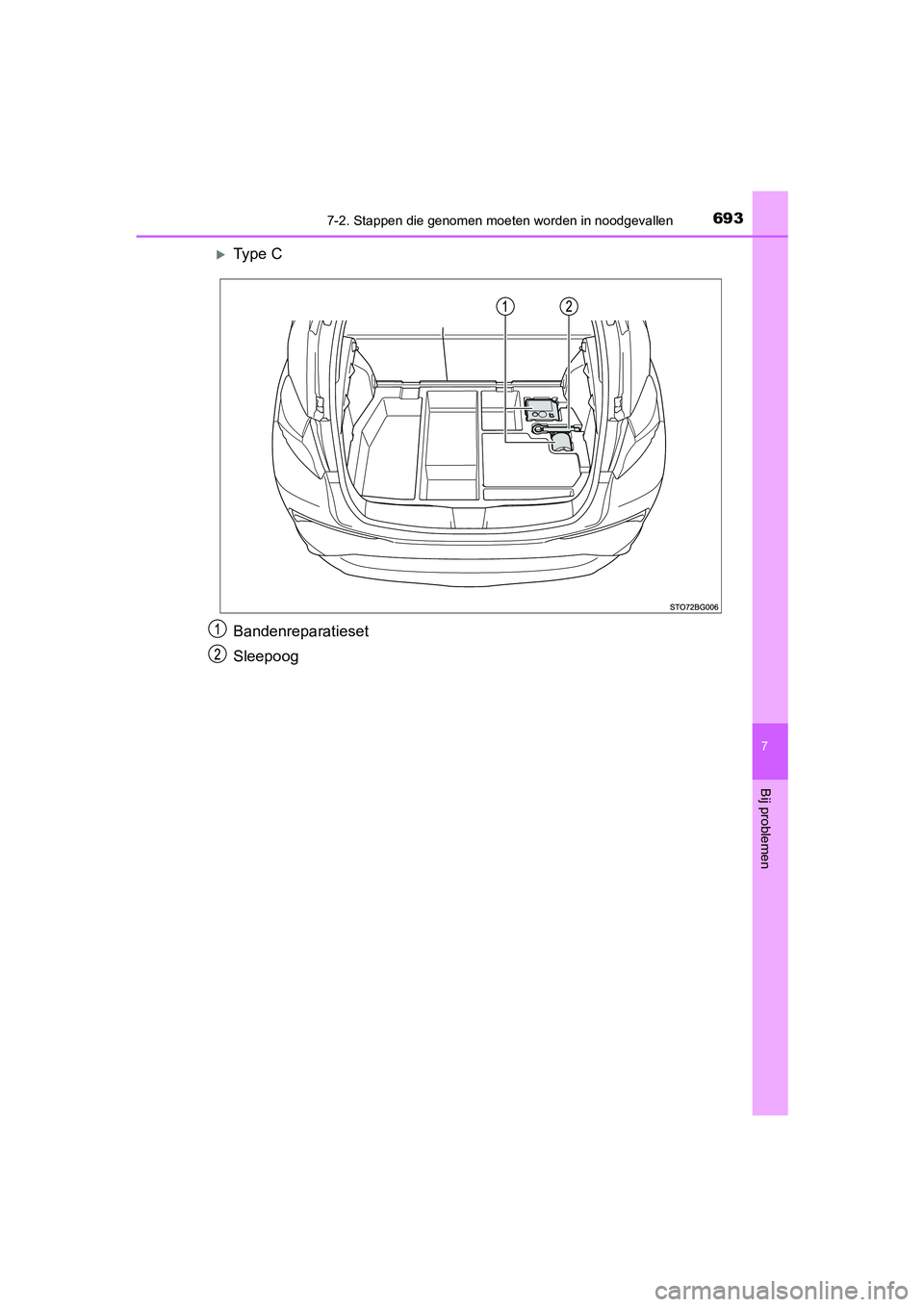 TOYOTA C-HR 2019  Instructieboekje (in Dutch) 6937-2. Stappen die genomen moeten worden in noodgevallen
C-HR_HV_OM_Europe_OM10647E
7
Bij problemen
Ty p e  C
Bandenreparatieset
Sleepoog
C-HR_HV_OM_Europe_OM10647E.book  Page 693  Tuesday, July 3