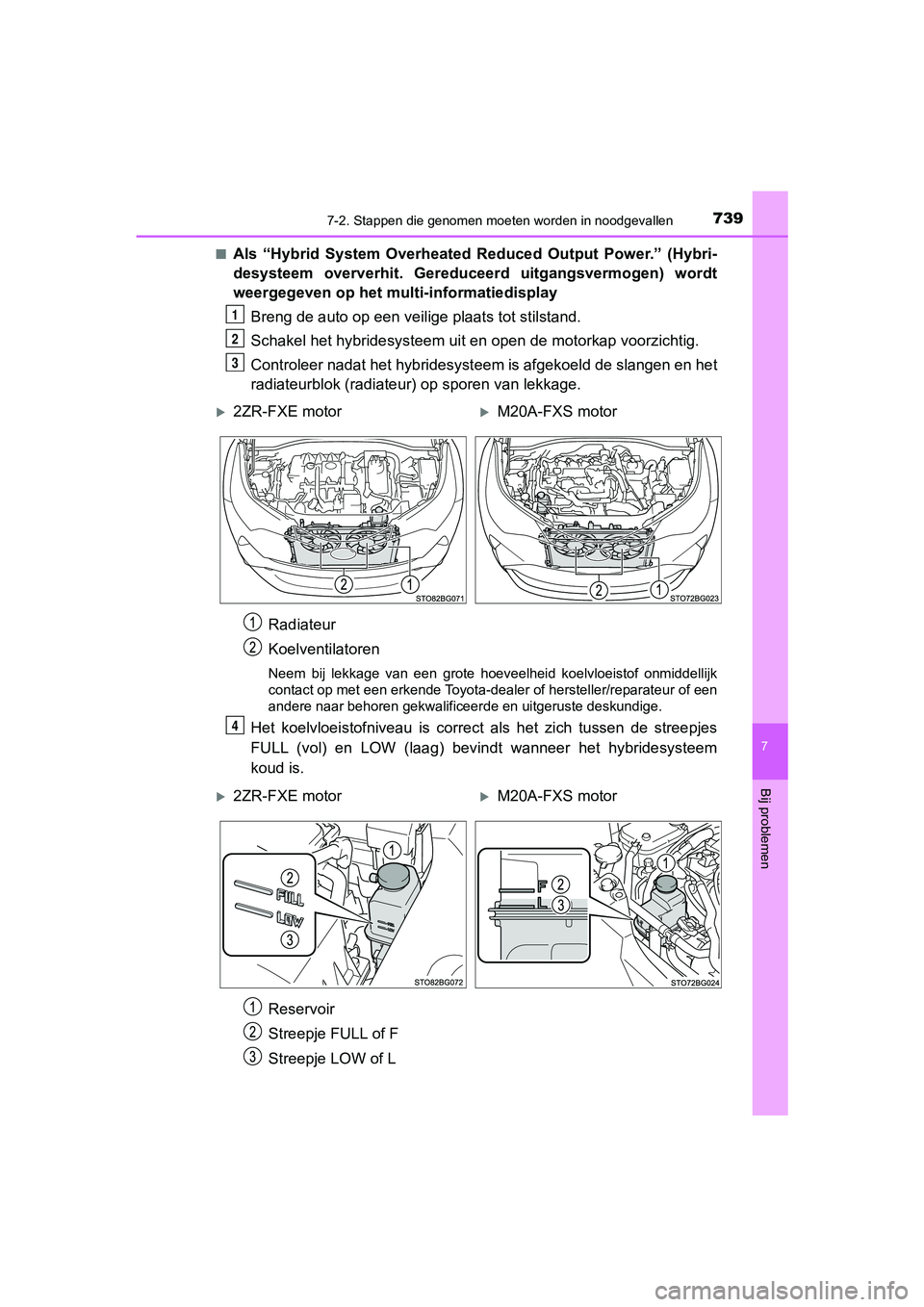 TOYOTA C-HR 2019  Instructieboekje (in Dutch) 7397-2. Stappen die genomen moeten worden in noodgevallen
C-HR_HV_OM_Europe_OM10647E
7
Bij problemen
■Als  “Hybrid  System  Overheated  Reduced  Output  Power.”  (Hybri-
desysteem  oververhit.  