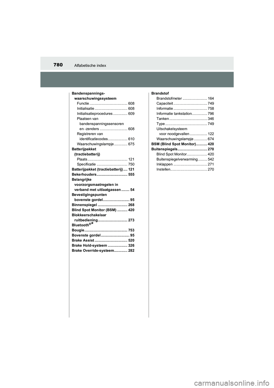 TOYOTA C-HR 2019 Instructieboekje (in Dutch) 780Alfabetische index
C-HR_HV_OM_Europe_OM10647E
Bandenspannings-waarschuwingssysteem Functie ..................................... 608
Initialisatie ................................ 608
Initialisatie TOYOTA C-HR 2019 Instructieboekje (in Dutch) 780Alfabetische index
C-HR_HV_OM_Europe_OM10647E
Bandenspannings-waarschuwingssysteem Functie ..................................... 608
Initialisatie ................................ 608
Initialisatie