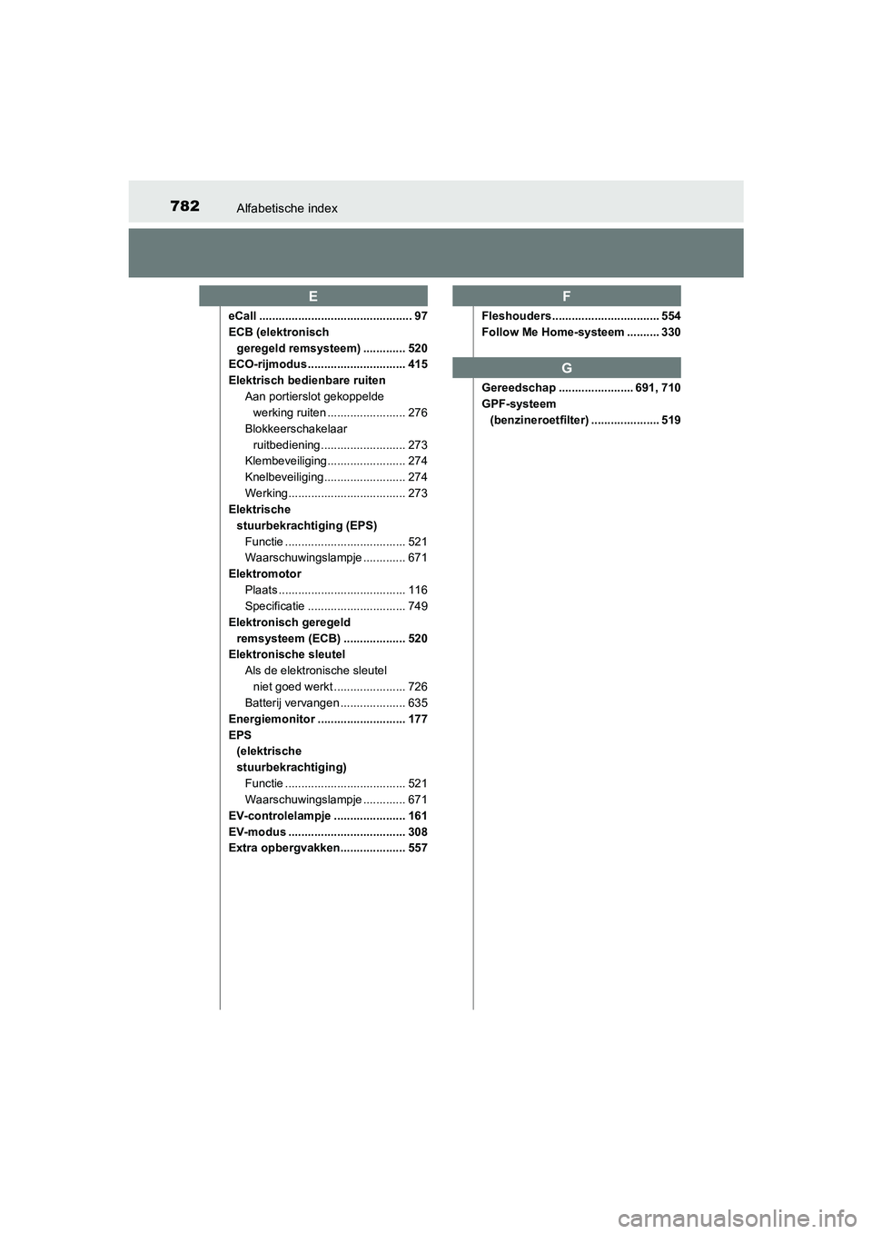TOYOTA C-HR 2019  Instructieboekje (in Dutch) 782Alfabetische index
C-HR_HV_OM_Europe_OM10647E
eCall ............................................... 97
ECB (elektronisch geregeld remsysteem) ............. 520
ECO-rijmodus ........................