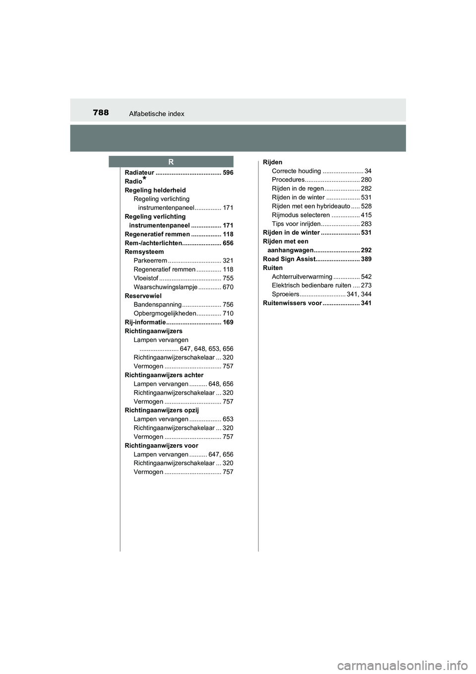 TOYOTA C-HR 2019  Instructieboekje (in Dutch) 788Alfabetische index
C-HR_HV_OM_Europe_OM10647E
Radiateur ..................................... 596
Radio
*
Regeling helderheidRegeling verlichting instrumentenpaneel............... 171
Regeling verl