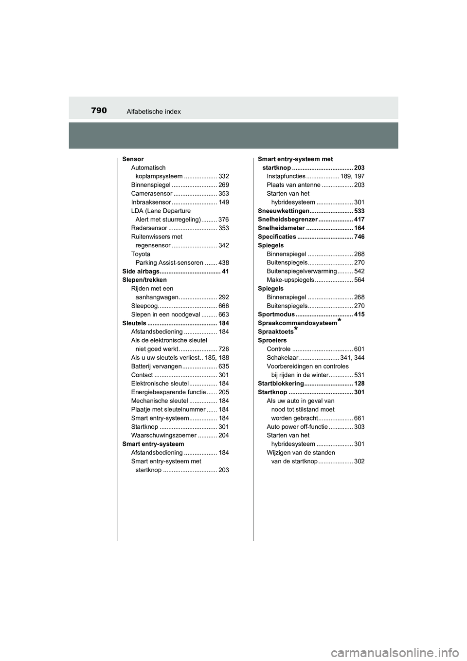 TOYOTA C-HR 2019 Instructieboekje (in Dutch) 790Alfabetische index
C-HR_HV_OM_Europe_OM10647E
SensorAutomatisch koplampsysteem ................... 332
Binnenspiegel .......................... 269
Camerasensor ......................... 353
Inbraa TOYOTA C-HR 2019 Instructieboekje (in Dutch) 790Alfabetische index
C-HR_HV_OM_Europe_OM10647E
SensorAutomatisch koplampsysteem ................... 332
Binnenspiegel .......................... 269
Camerasensor ......................... 353
Inbraa
