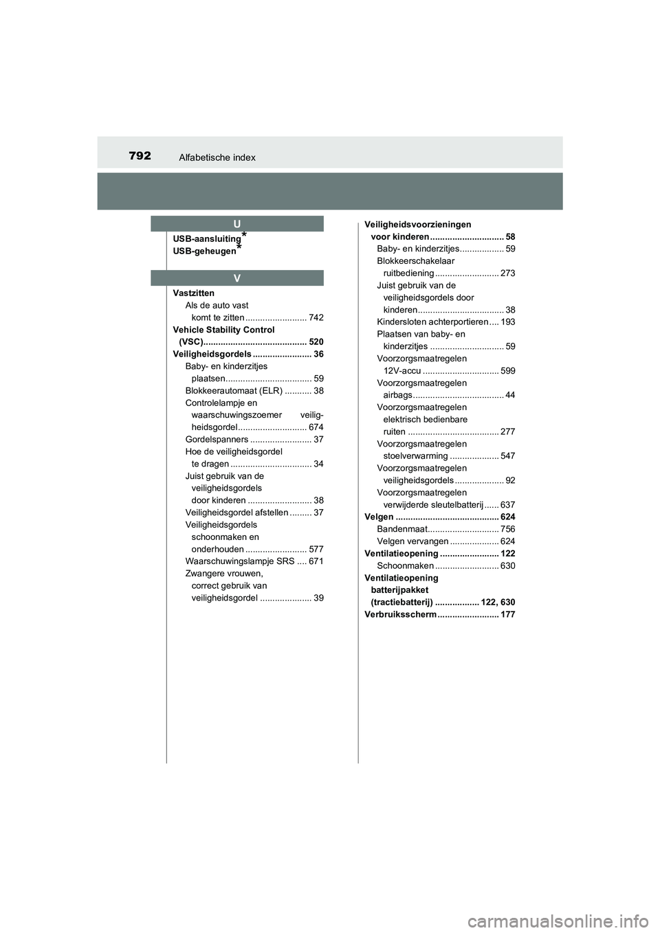TOYOTA C-HR 2019  Instructieboekje (in Dutch) 792Alfabetische index
C-HR_HV_OM_Europe_OM10647E
USB-aansluiting*
USB-geheugen*
VastzittenAls de auto vast komt te zitten ......................... 742
Vehicle Stability Control  (VSC)................