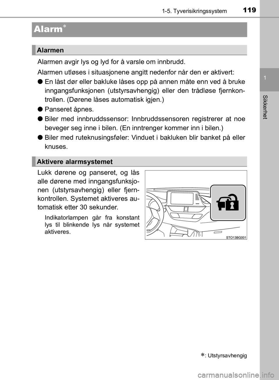 TOYOTA C-HR 2019 Instruksjoner for bruk (in Norwegian) 119
1
1-5. Tyverisikringssystem
Sikkerhet
C-HR_HV_OM_Europe_OM10647NO
Alarm
Alarmen avgir lys og lyd for å varsle om innbrudd.
Alarmen utløses i situasjonene angitt nedenfor når den er aktivert: TOYOTA C-HR 2019 Instruksjoner for bruk (in Norwegian) 119
1
1-5. Tyverisikringssystem
Sikkerhet
C-HR_HV_OM_Europe_OM10647NO
Alarm
Alarmen avgir lys og lyd for å varsle om innbrudd.
Alarmen utløses i situasjonene angitt nedenfor når den er aktivert: