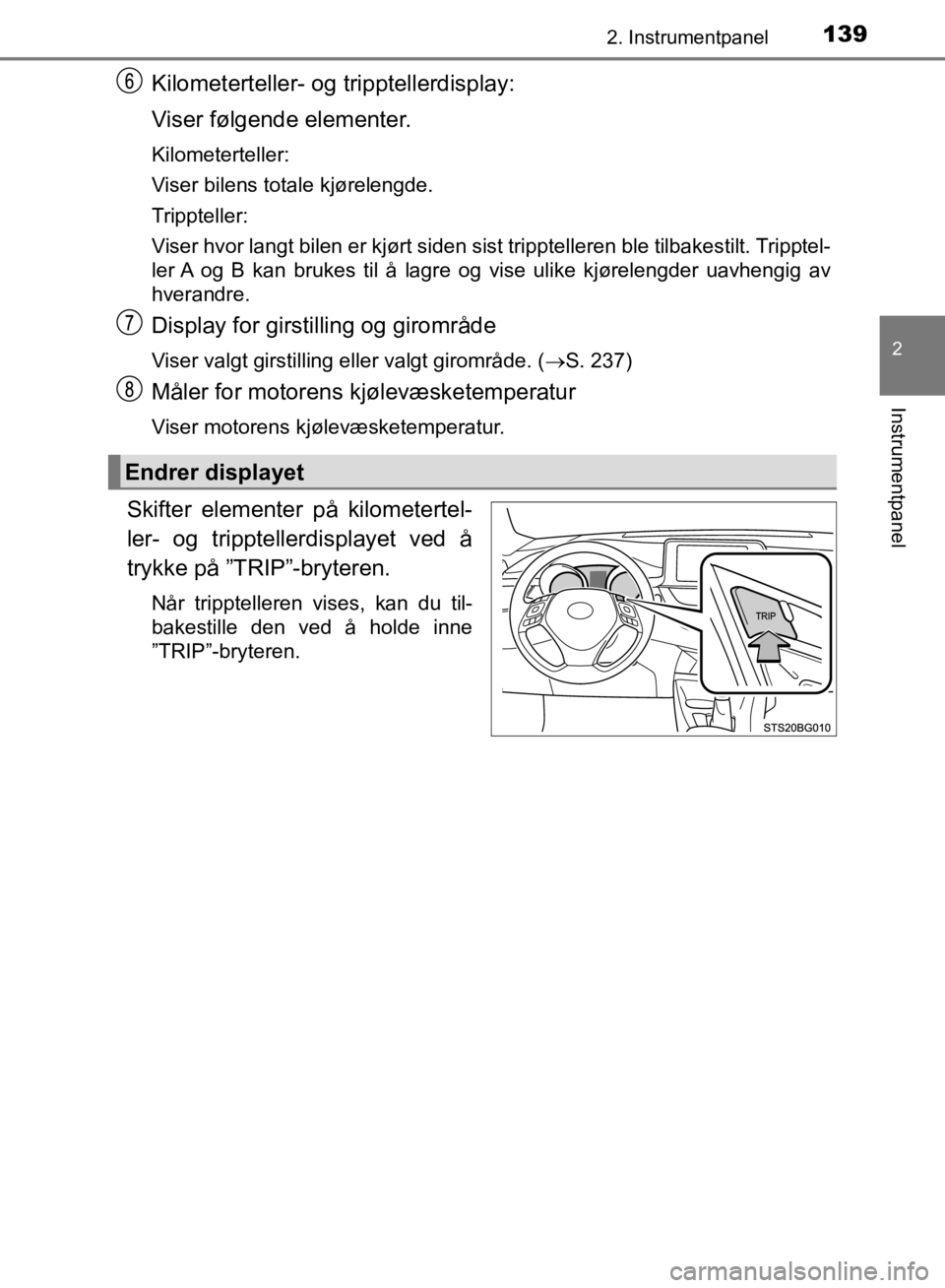 TOYOTA C-HR 2019 Instruksjoner for bruk (in Norwegian) 1392. Instrumentpanel
2
Instrumentpanel
C-HR_HV_OM_Europe_OM10647NO
Kilometerteller- og tripptellerdisplay:
Viser følgende elementer.
Kilometerteller:
Viser bilens totale kjørelengde.
Trippteller:
V TOYOTA C-HR 2019 Instruksjoner for bruk (in Norwegian) 1392. Instrumentpanel
2
Instrumentpanel
C-HR_HV_OM_Europe_OM10647NO
Kilometerteller- og tripptellerdisplay:
Viser følgende elementer.
Kilometerteller:
Viser bilens totale kjørelengde.
Trippteller:
V