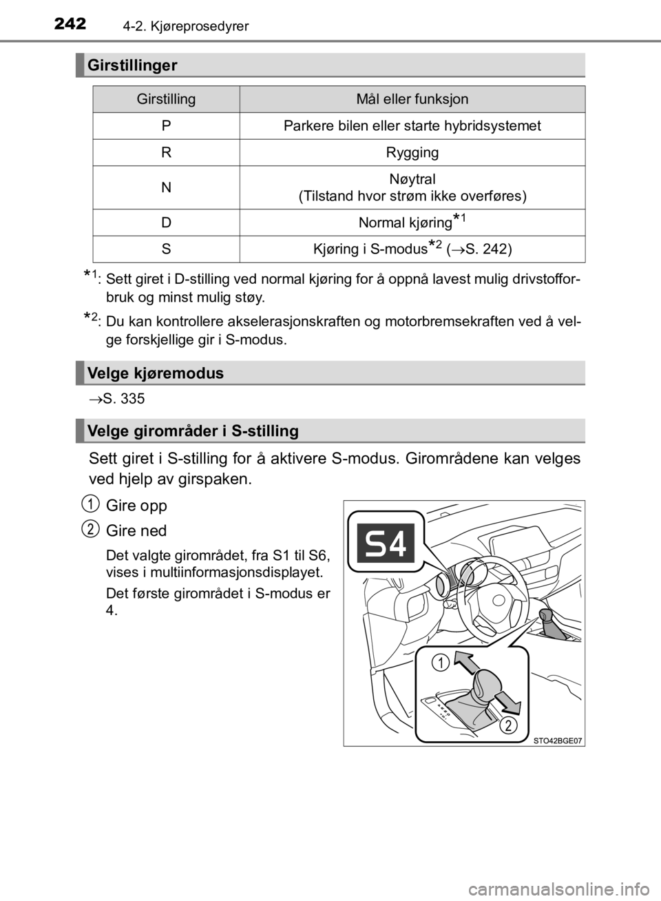 TOYOTA C-HR 2019 Instruksjoner for bruk (in Norwegian) 2424-2. Kjøreprosedyrer
C-HR_HV_OM_Europe_OM10647NO
*1: Sett giret i D-stilling ved normal kjøring for å oppnå lavest mulig drivstoffor-bruk og minst mulig støy.
*2: Du kan kontrollere akselerasj TOYOTA C-HR 2019 Instruksjoner for bruk (in Norwegian) 2424-2. Kjøreprosedyrer
C-HR_HV_OM_Europe_OM10647NO
*1: Sett giret i D-stilling ved normal kjøring for å oppnå lavest mulig drivstoffor-bruk og minst mulig støy.
*2: Du kan kontrollere akselerasj