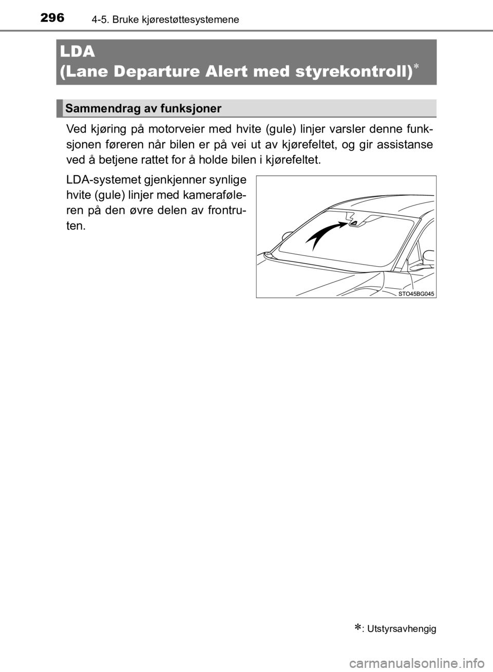 TOYOTA C-HR 2019 Instruksjoner for bruk (in Norwegian) 2964-5. Bruke kjørestøttesystemene
C-HR_HV_OM_Europe_OM10647NO
LDA
(Lane Departure Alert med styrekontroll)
Ved kjøring på motorveier med hvit e (gule) linjer varsler denne funk-
sjonen føre TOYOTA C-HR 2019 Instruksjoner for bruk (in Norwegian) 2964-5. Bruke kjørestøttesystemene
C-HR_HV_OM_Europe_OM10647NO
LDA
(Lane Departure Alert med styrekontroll)
Ved kjøring på motorveier med hvit e (gule) linjer varsler denne funk-
sjonen føre