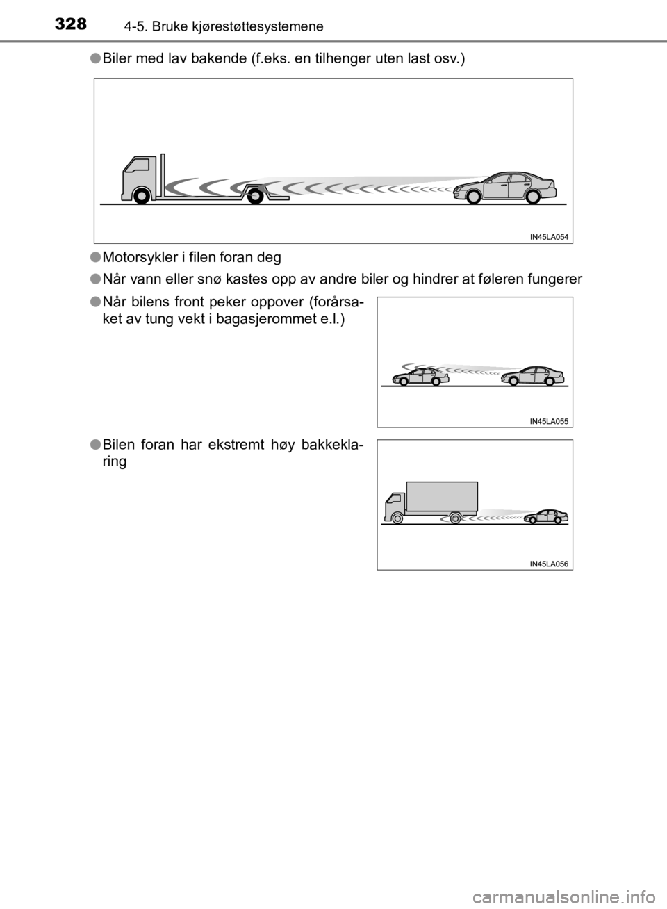 TOYOTA C-HR 2019 Instruksjoner for bruk (in Norwegian) 3284-5. Bruke kjørestøttesystemene
C-HR_HV_OM_Europe_OM10647NOl
Biler med lav bakende (f.eks. en tilhenger uten last osv.)
l Motorsykler i filen foran deg
l Når vann eller snø kastes opp av andre TOYOTA C-HR 2019 Instruksjoner for bruk (in Norwegian) 3284-5. Bruke kjørestøttesystemene
C-HR_HV_OM_Europe_OM10647NOl
Biler med lav bakende (f.eks. en tilhenger uten last osv.)
l Motorsykler i filen foran deg
l Når vann eller snø kastes opp av andre