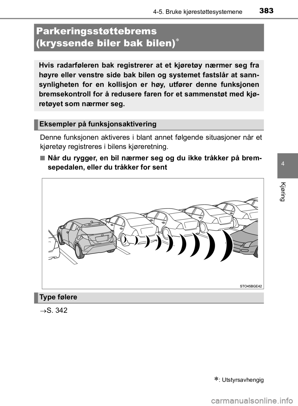 TOYOTA C-HR 2019 Instruksjoner for bruk (in Norwegian) 383
4
4-5. Bruke kjørestøttesystemene
Kjøring
C-HR_HV_OM_Europe_OM10647NO
Parkeringsstøttebrems
(kryssende biler bak bilen)

Denne funksjonen aktiveres i blant annet følgende situasjoner når TOYOTA C-HR 2019 Instruksjoner for bruk (in Norwegian) 383
4
4-5. Bruke kjørestøttesystemene
Kjøring
C-HR_HV_OM_Europe_OM10647NO
Parkeringsstøttebrems
(kryssende biler bak bilen)

Denne funksjonen aktiveres i blant annet følgende situasjoner når