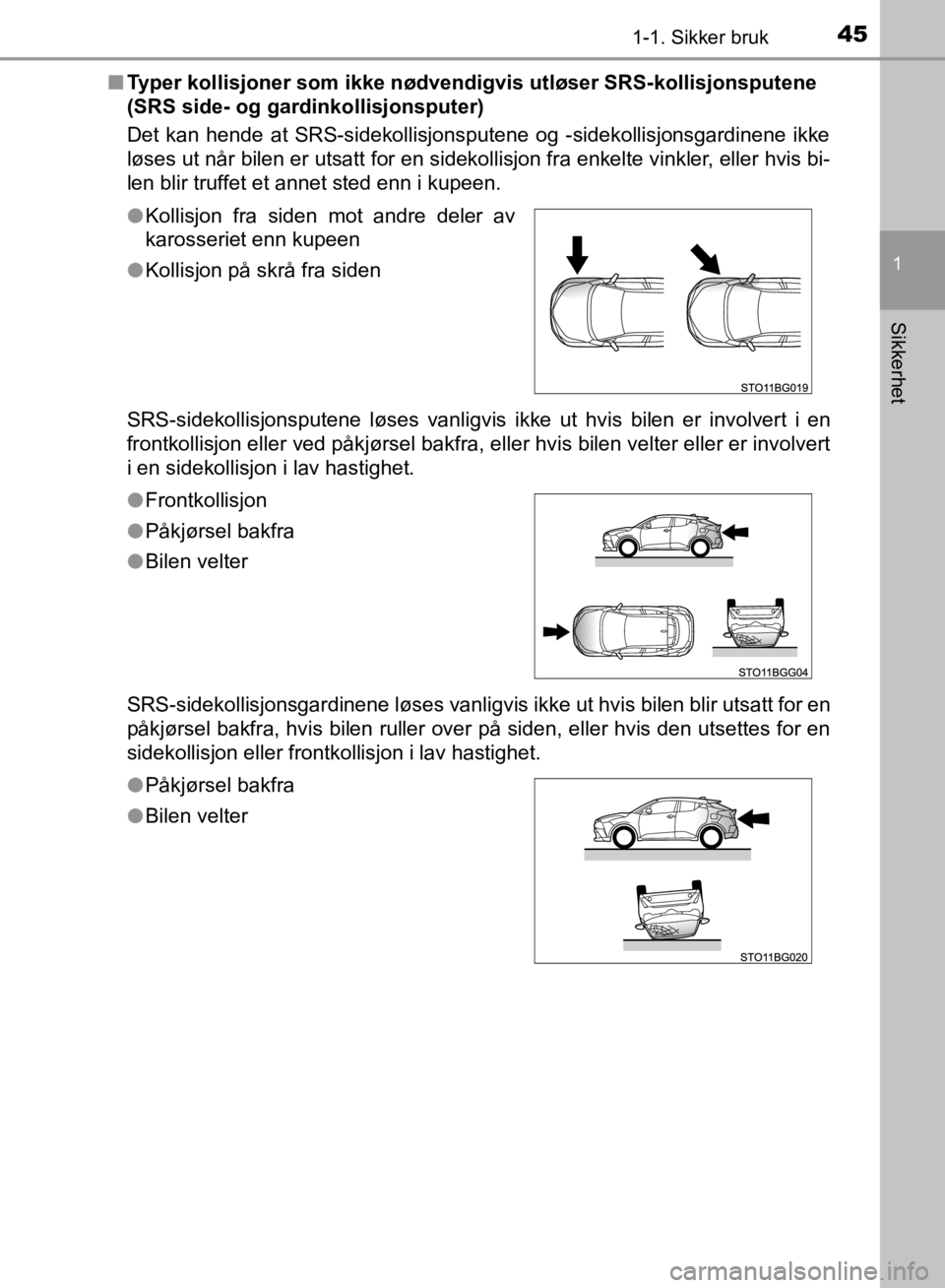 TOYOTA C-HR 2019  Instruksjoner for bruk (in Norwegian) 451-1. Sikker bruk
1
Sikkerhet
C-HR_HV_OM_Europe_OM10647NOn
Typer kollisjoner som ikke nødvendigvis utløser SRS-kollisjonsputene 
(SRS side- og gardinkollisjonsputer)
Det kan hende at SRS-sidekollis