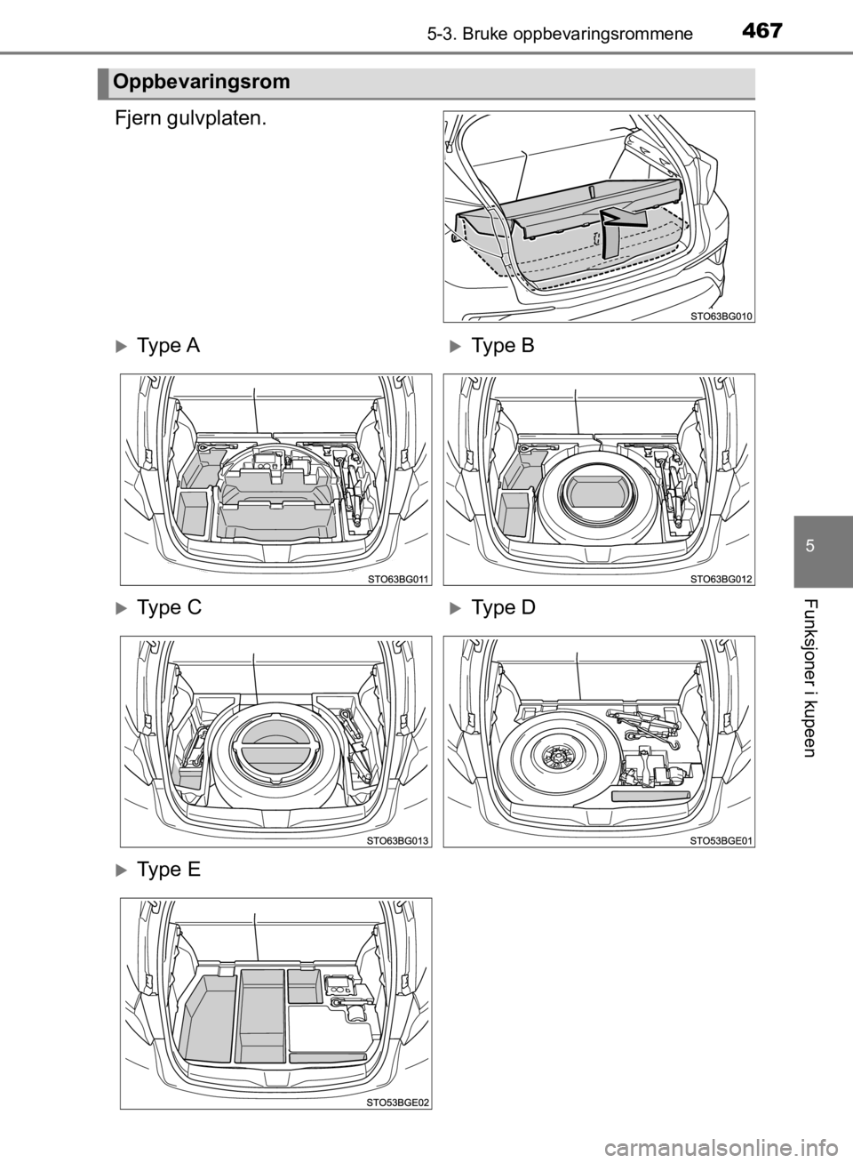TOYOTA C-HR 2019  Instruksjoner for bruk (in Norwegian) 4675-3. Bruke oppbevaringsrommene
C-HR_HV_OM_Europe_OM10647NO
5
Funksjoner i kupeen
Fjern gulvplaten.
Oppbevaringsrom
Ty p e  AType B
Ty p e  CType D
Ty p e  E
OM10647NO.book  Page 467 