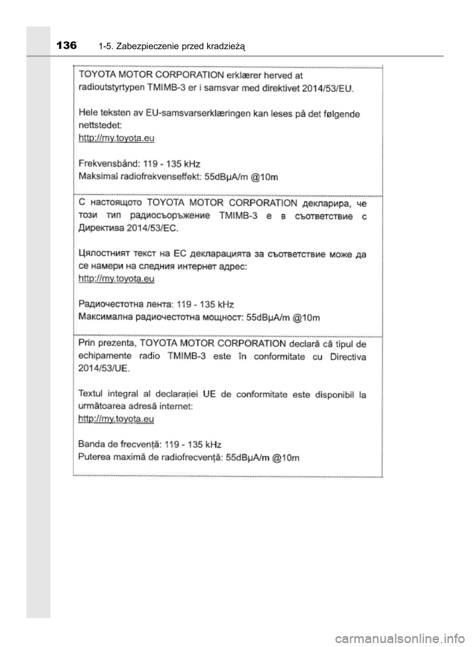 TOYOTA C-HR 2019 Instrukcja obsługi (in Polish) 1361-5. Zabezpieczenie przed kradzie˝à
44 C-HR HV OM10647E 20/12/19 11:16 Page 136 (Black plate) TOYOTA C-HR 2019 Instrukcja obsługi (in Polish) 1361-5. Zabezpieczenie przed kradzie˝à
44 C-HR HV OM10647E 20/12/19 11:16 Page 136 (Black plate)