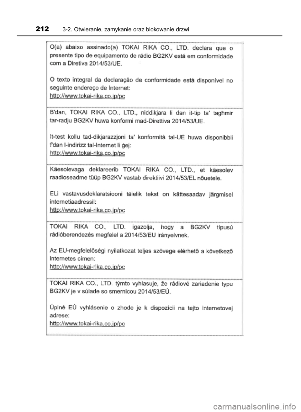 TOYOTA C-HR 2019  Instrukcja obsługi (in Polish) 2123-2. Otwieranie, zamykanie oraz blokowanie drzwi
44 C-HR HV OM10647E  20/12/19  11:17  Page 212    (Black plate) 