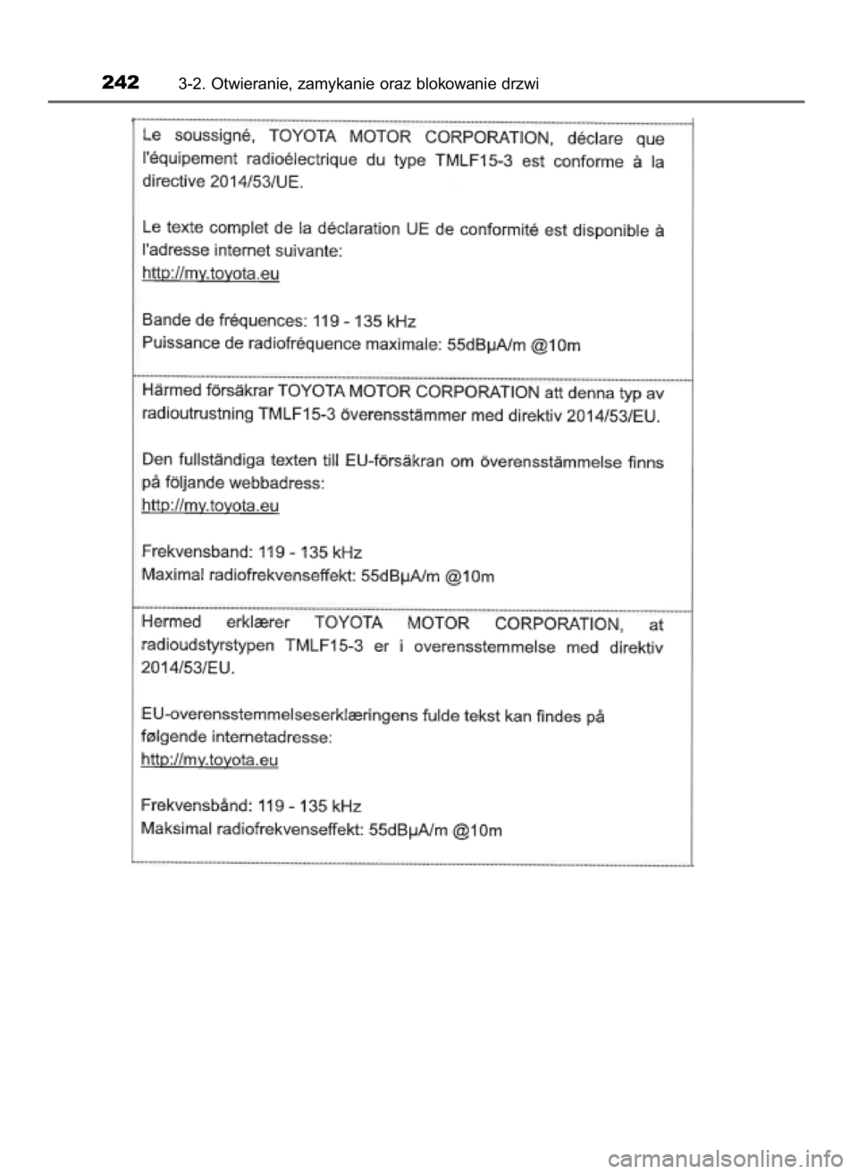 TOYOTA C-HR 2019  Instrukcja obsługi (in Polish) 2423-2. Otwieranie, zamykanie oraz blokowanie drzwi
44 C-HR HV OM10647E  20/12/19  11:17  Page 242    (Black plate) 