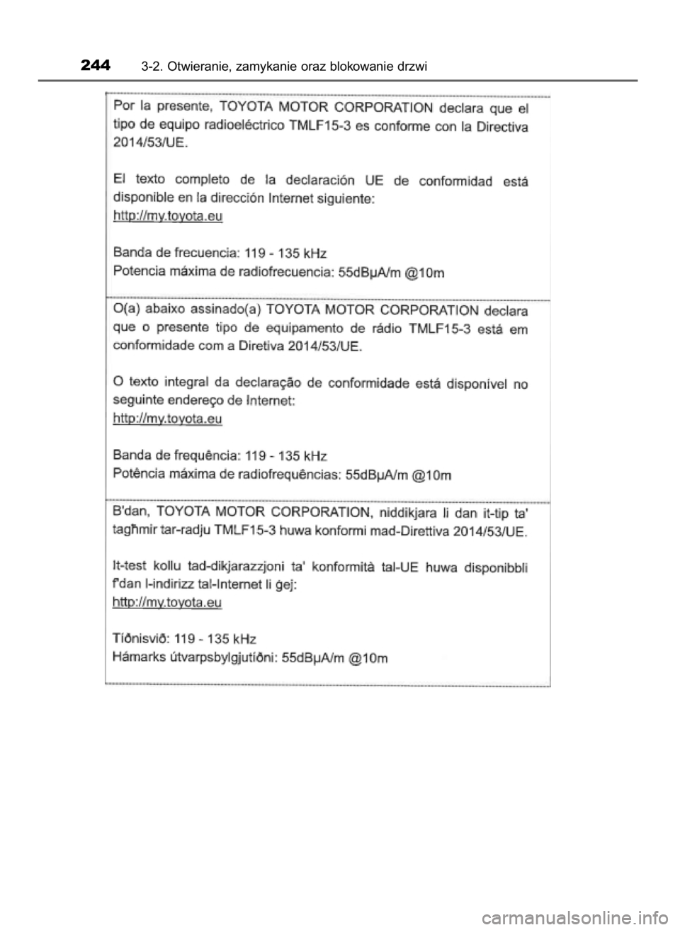 TOYOTA C-HR 2019  Instrukcja obsługi (in Polish) 2443-2. Otwieranie, zamykanie oraz blokowanie drzwi
44 C-HR HV OM10647E  20/12/19  11:17  Page 244    (Black plate) 