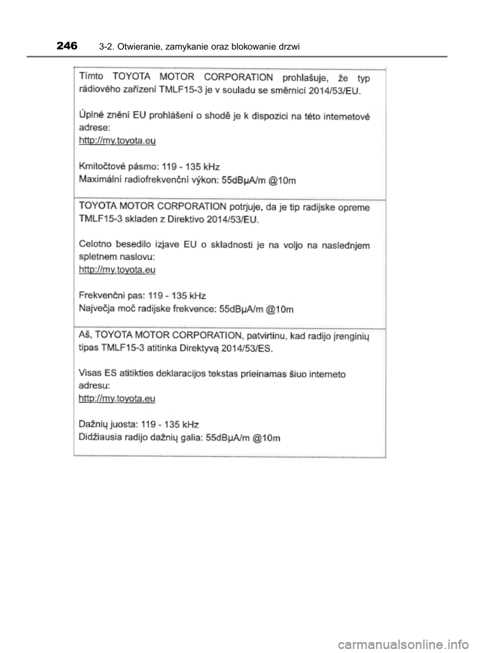 TOYOTA C-HR 2019  Instrukcja obsługi (in Polish) 2463-2. Otwieranie, zamykanie oraz blokowanie drzwi
44 C-HR HV OM10647E  20/12/19  11:17  Page 246    (Black plate) 