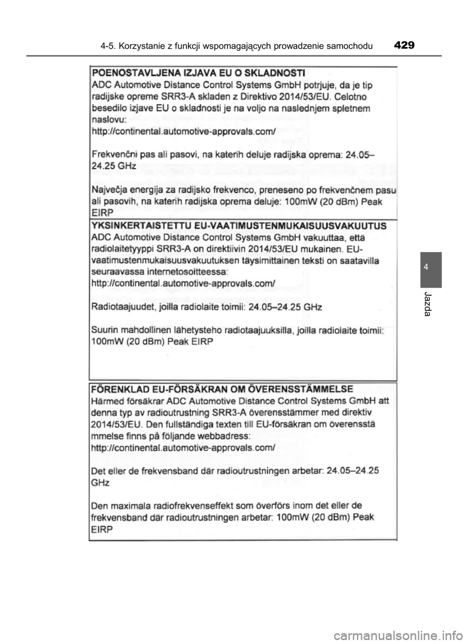 TOYOTA C-HR 2019  Instrukcja obsługi (in Polish) 4-5. Korzystanie z funkcji wspomagajàcych prowadzenie samochodu429
4
Jazda
44 C-HR HV OM10647E  20/12/19  11:18  Page 429    (Black plate) 