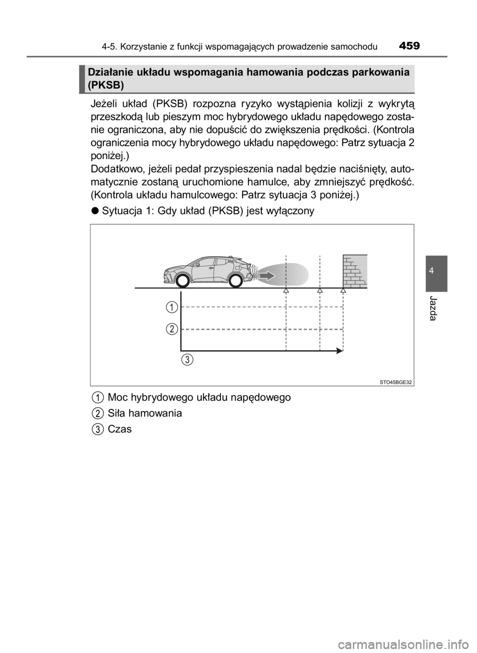TOYOTA C-HR 2019  Instrukcja obsługi (in Polish) Je˝eli  uk∏ad  (PKSB)  rozpozna  ryzyko  wystàpienia  kolizji  z wykrytà
przeszkodà lub pieszym moc hybrydowego uk∏adu nap´dowego zosta-
nie ograniczona, aby nie dopuÊciç do zwi´kszenia pr