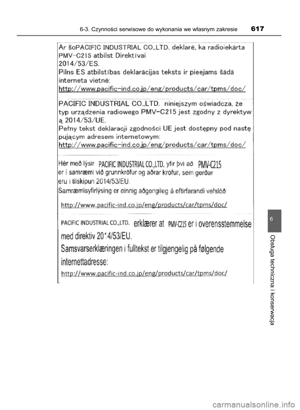 TOYOTA C-HR 2019  Instrukcja obsługi (in Polish) 6-3. CzynnoÊci serwisowe do wykonania we w∏asnym zakresie617
6
Obs∏uga techniczna i konserwacja
44 C-HR HV OM10647E  20/12/19  11:18  Page 617    (Black plate) 